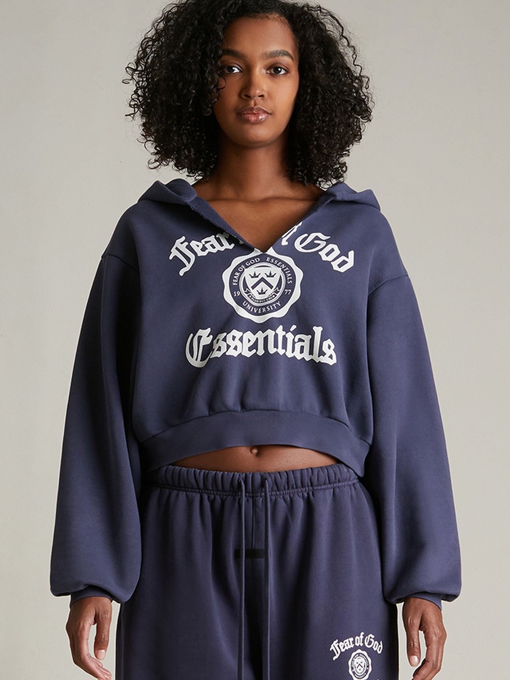 Fear of God Essentials Marine Heavy Fleece Cropped VNeck Hoodie & Sweatpants Set